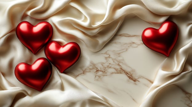 Decorative arrangement of red hearts on luxurious fabric and marble surface during celebration photo