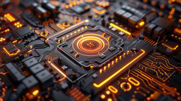A close-up view of a futuristic circuit board with glowing orange elements. photo