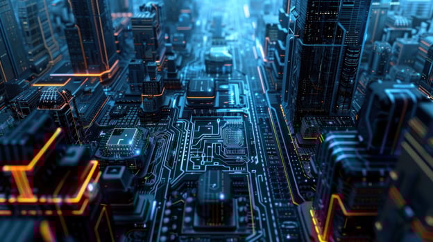 A futuristic cityscape resembling a circuit board with glowing elements. photo