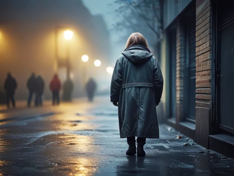 Homeless woman in the urban street. photo