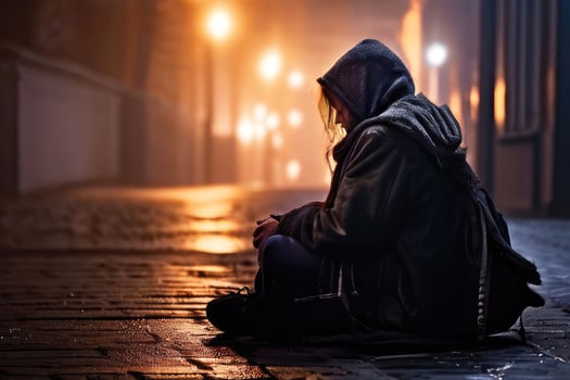 Homeless woman in the urban street. photo