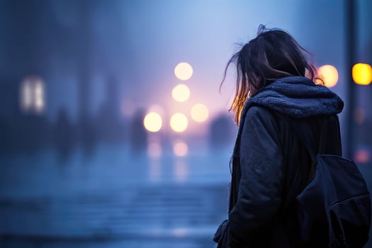 Homeless woman in the urban street. photo