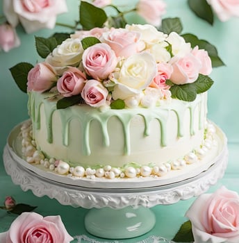 Beautiful sweet cake decorated with creamy flowers. photo