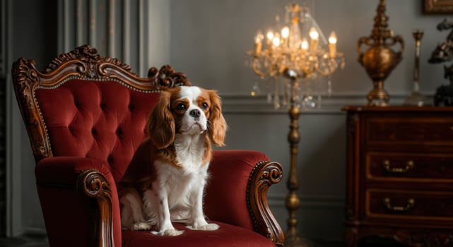 Elegant spaniel on regal chair with vintage chandelier in opulent room photo