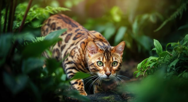 Majestic bengal cat stealthily stalking in lush greenery for wildlife observation photo