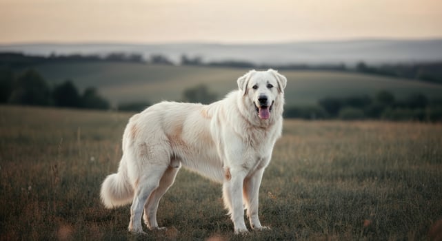 Majestic great pyrenees in serene countryside at sunset photo