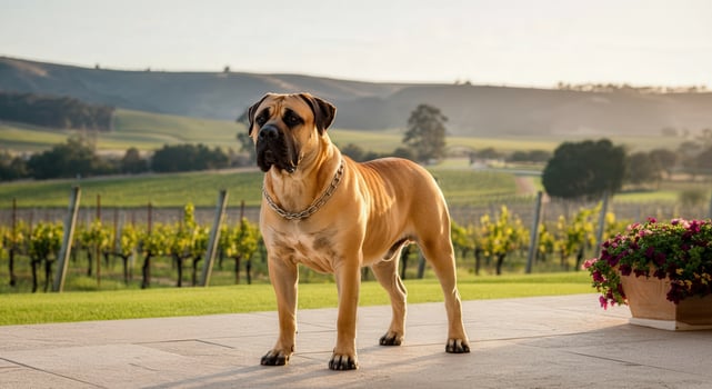 Majestic bullmastiff in vineyard landscape during golden hour photo