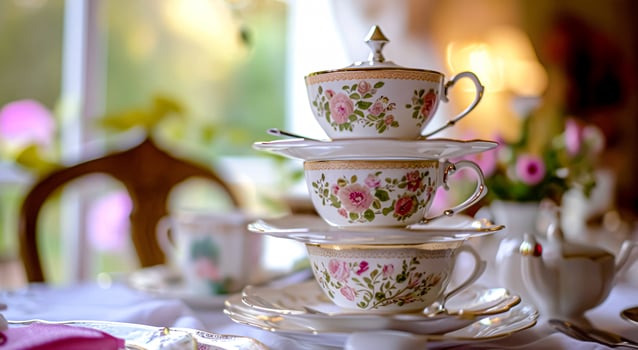 Elegant table setting for tea party with cakes and cupcakes in English manor. Vintage style. photo