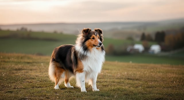 Sheltie dog in tranquil countryside landscape during golden hour sunset photo