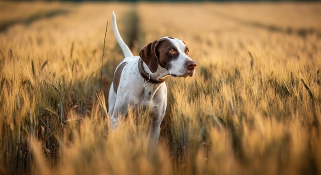 Beautiful dog exploring golden wheat field at sunset photo