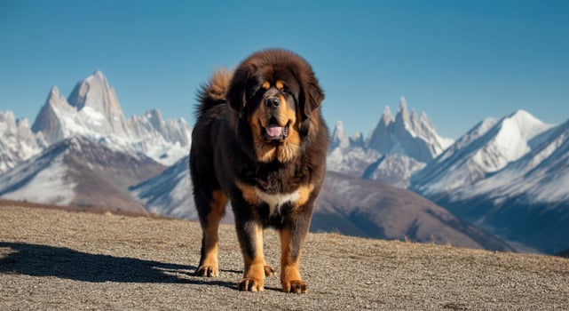 Majestic tibetan mastiff in mountainous landscape for outdoor adventure enthusiasts photo