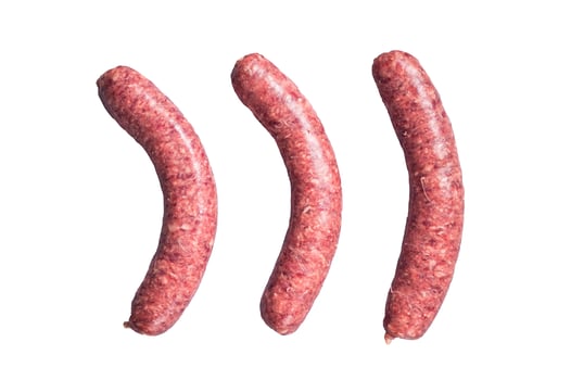 Raw beef meat sausages ready for cooking. Isolated on white background photo