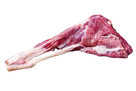Whole raw lamb leg meat on the bone. Isolated, white background. photo