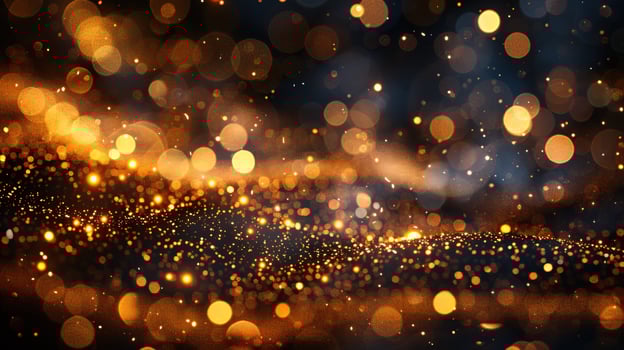 golden particles bokeh abstract background with shining gold Floating Dust Particles Flare star on Black Background in Slow Motion. Futuristic glittering fly movement flickering loop in space photo