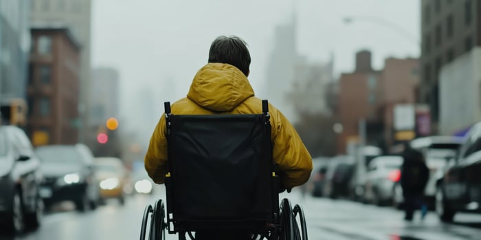 An Urban Scene Featuring an Individual in a Wheelchair Skillfully Navigating a Busy City Street photo