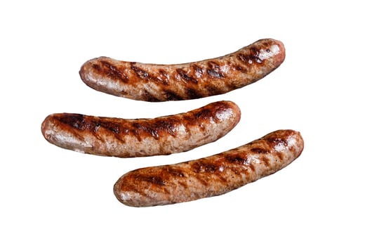 Grilled beef and lamb meat sausages with rosemary herbs on grill. Isolated on white background photo