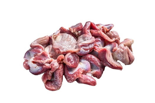 Raw uncooked chicken gizzards, stomach. Isolated on white background. photo