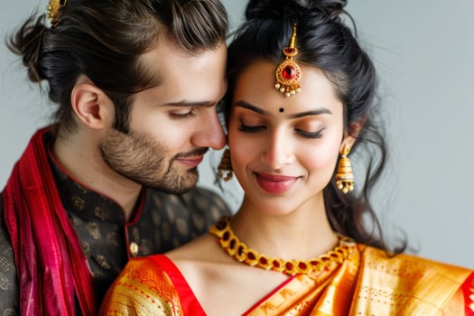 Elegant couple embracing in traditional indian attire with joyful expressions photo