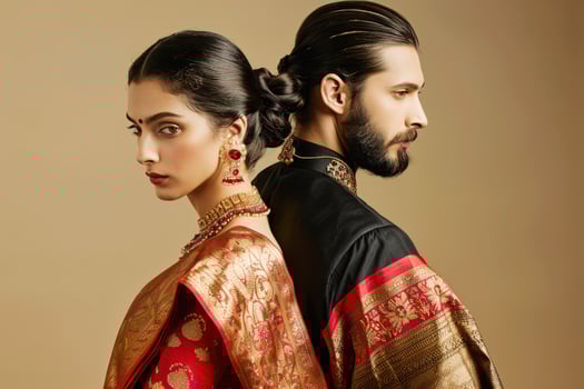 Elegant indian couple in traditional attire facing away photo