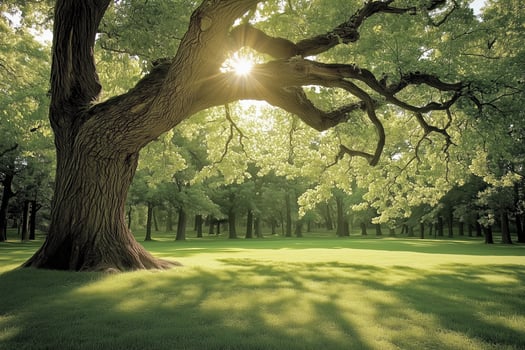 Sunlight Streaming Through Majestic Tree Canopy photo