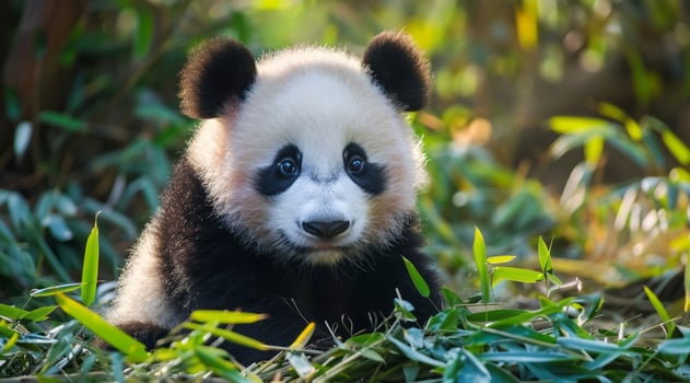 Cute giant panda eats bamboo in its natural habitat photo