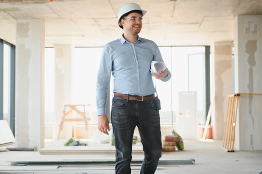 Portrait of an architect builder studying layout plan of the rooms, civil engineer working with documents on construction site photo