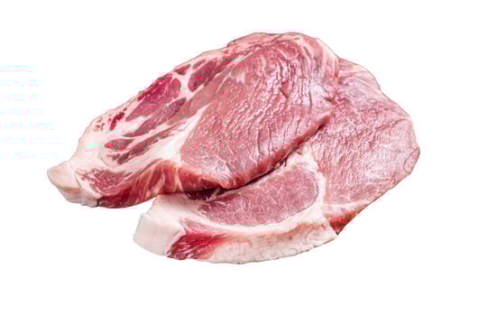 Butcher raw Pork steak from raw neck fillet meat on wooden board with herbs. Isolated on white background. photo