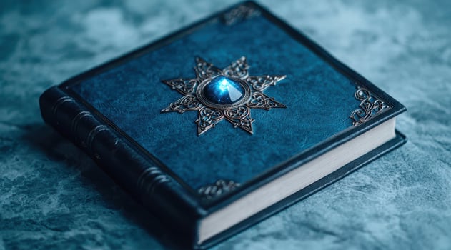 Mystical fantasy book with glowing gem photo