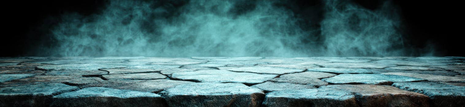 Mysterious misty landscape with cracked ice surface photo