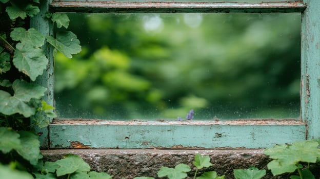 Overgrown window frame in lush green garden photo