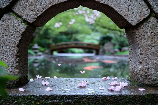 serene japanese garden with cherry blossoms photo