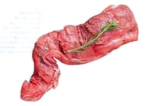 Uncooked beef veal tenderloin, raw meat for fillet mignon steaks. Isolated, white background. photo