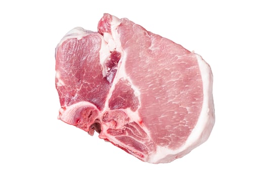 Uncooked Raw pork T bone chop meat steak on grill. Isolated, white background. photo