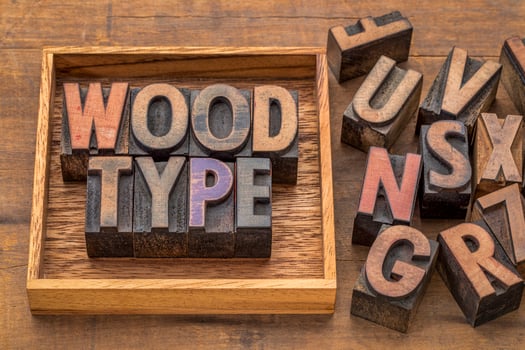 wood type word abstract in vintage letterpress printing blocks photo