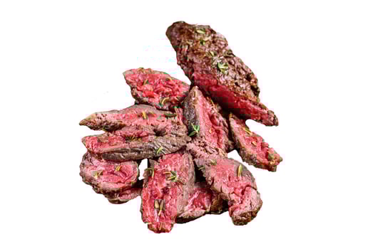 Sliced grilled machete skirt meat beef steak Isolated on white background, top view. photo