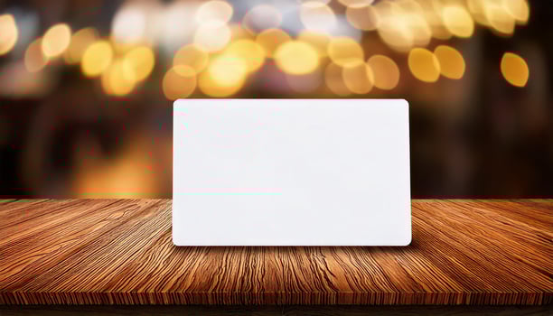 White card on wooden table. Mockup white card. Blank card. Empty card, photo
