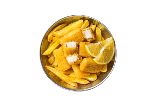 Fish fingers and Chips british fast food with tartar and tomato sauce, seafood sticks. Isolated on white background. photo