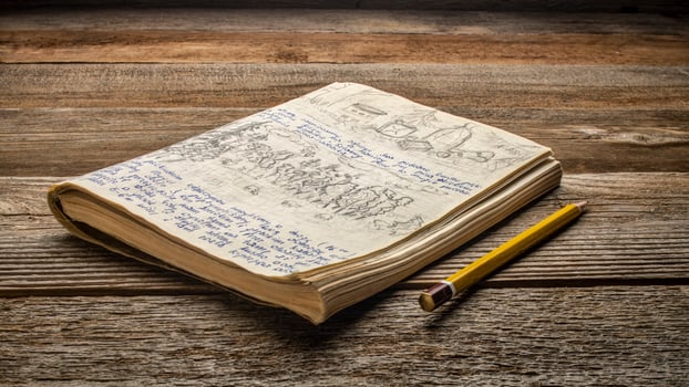 vintage travel journal on a rustic picnic table photo