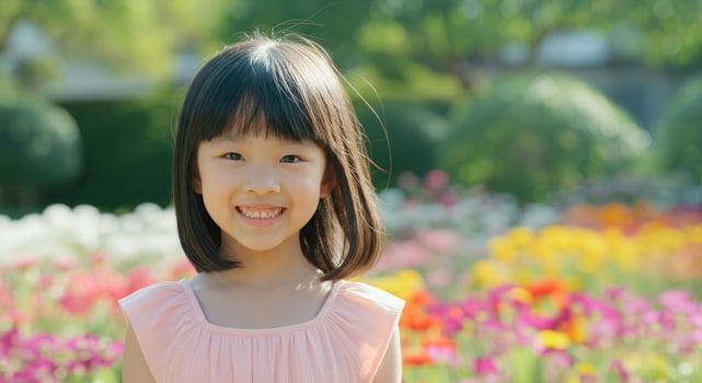 Asian child smiling in colorful garden setting perfect for spring themes photo