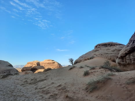 A beautiful view of thousands of years old rocks in the archaeological area of Al Hegra in AlUla, Madain Saleh in Saudi Arabia. photo