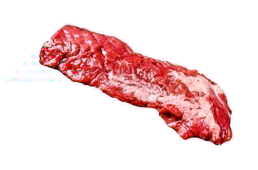 Raw skirt, machete steak with pink pepper and thyme. Isolated on white background. Top view. photo