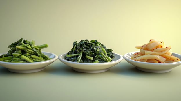 Delicious Korean Banchan Side Dishes Kimchi Pickled Vegetables Sprouts Spinach photo