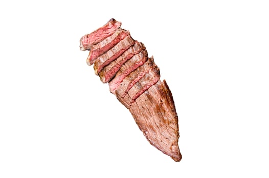 Roasted medium rare sliced flank beef steak. Isolated on white background. photo