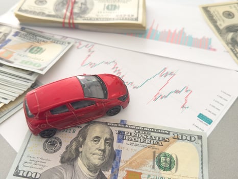 Car model and Financial statement with money. finance and car loan concept photo