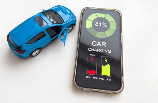 Mobile phone displaying Electric Car EV battery charging station charging in car port, efficient sustainable eco environmental power energy fueling industry of eclectic vehicle car transportation photo
