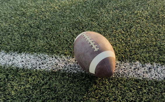 Football at the goal line on a grass field overhead view photo