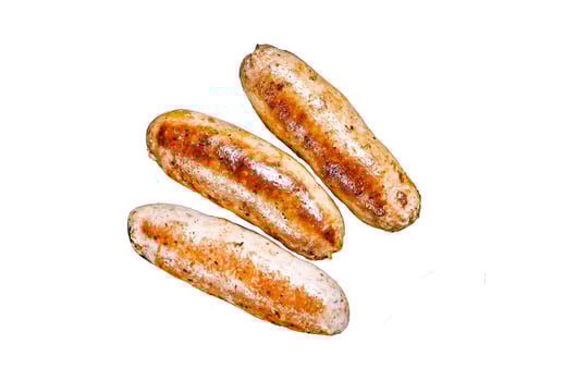 Pork sausages Isolated on white background. Top view. photo