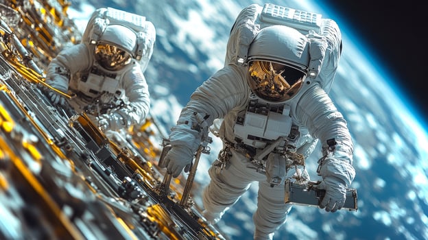 Two astronauts work together to unload and organize scientific equipment during a space mission outside a spacecraft, conducting important research tasks. photo