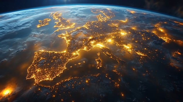 An astronaut aboard the International Space Station watches over Europe, observing the vibrant lights of cities and landscapes during nighttime from low Earth orbit. photo
