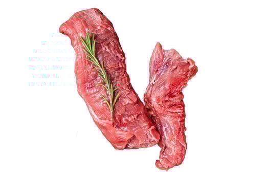 Whole Beef tenderloin meat, raw tender loin on butcher table Isolated, white background. photo